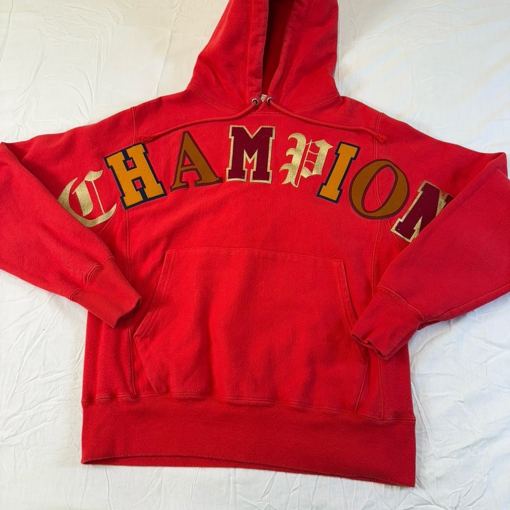 Vintage 90S Champion Cotton Weave Hoodie Men's Or women's Embroidered Y2K Red - Picture 2 of 16